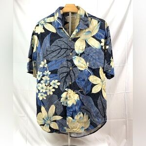 Tommy Bahama 100% Silk Hawaiian Navy and Beige Floral Men's Shirt / Pre-owned
